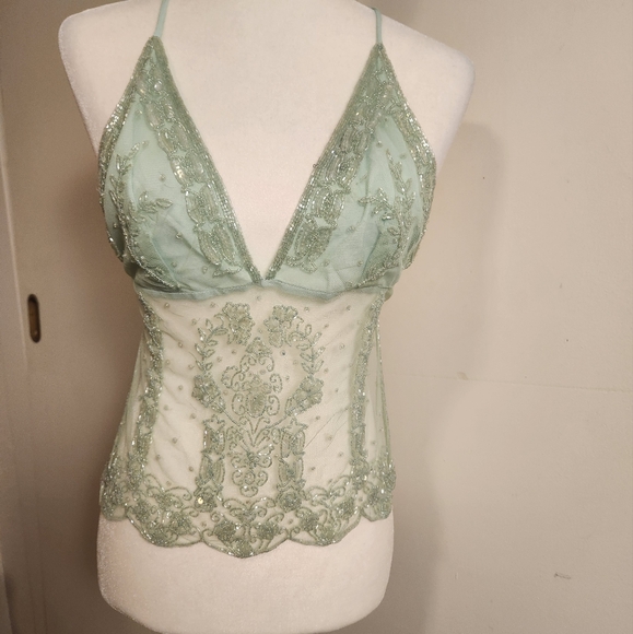 Vintage Y2K Backless Baby doll Sequined Halter Light Seafoam Green Small S EUC - Picture 1 of 7